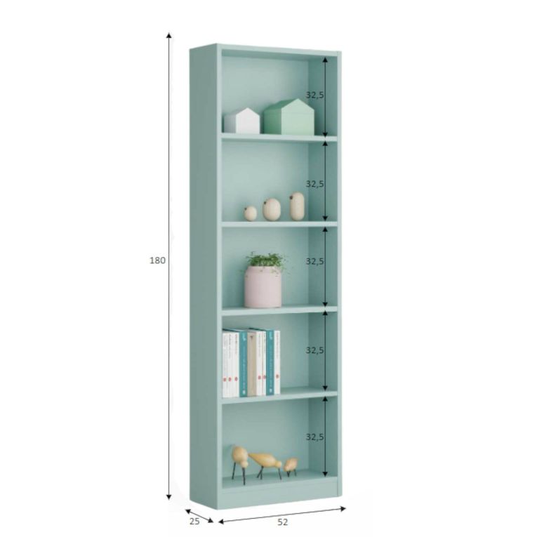 Libreria Pomona, Mobile portalibri alta a 5 ripiani, Scaffale da ufficio o cameretta, Scaffale moderno con scomparti, 52x25h80 cm, Verde acqua