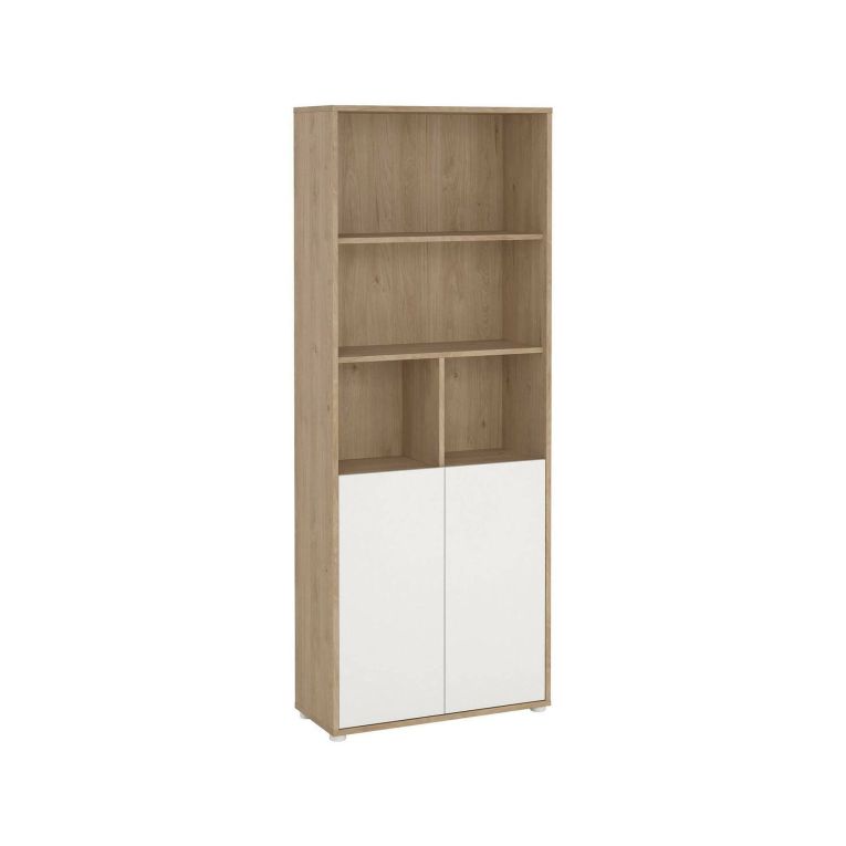 Libreria Rosalie, Scaffale da ufficio, Mobile portalibri, Biblioteca, 34x80 h205 cm, Rovere e Bianco