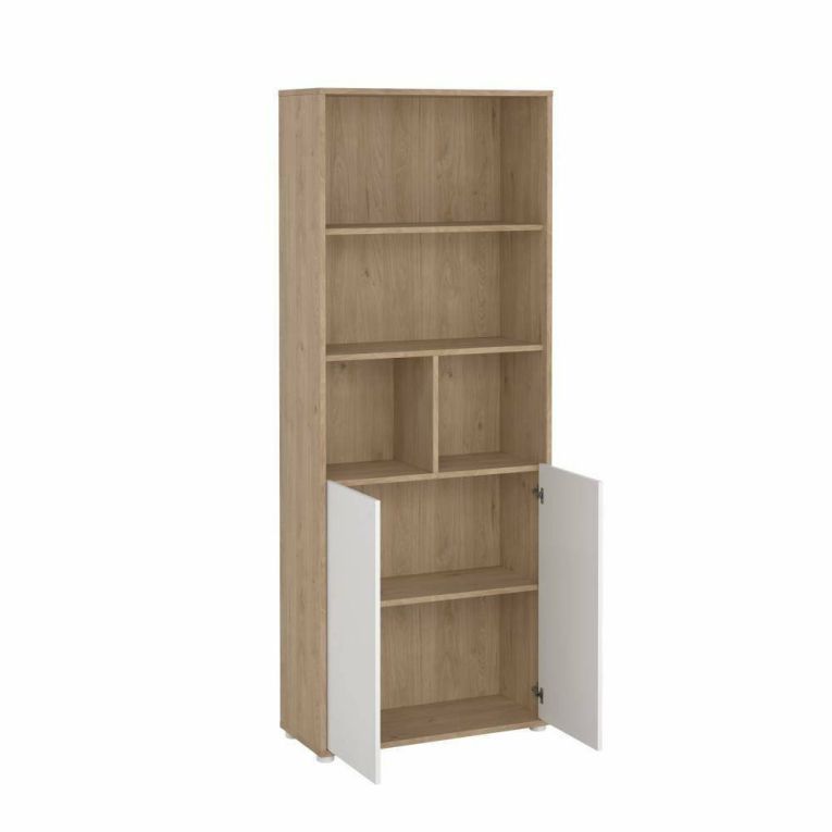 Libreria Rosalie, Scaffale da ufficio, Mobile portalibri, Biblioteca, 34x80 h205 cm, Rovere e Bianco