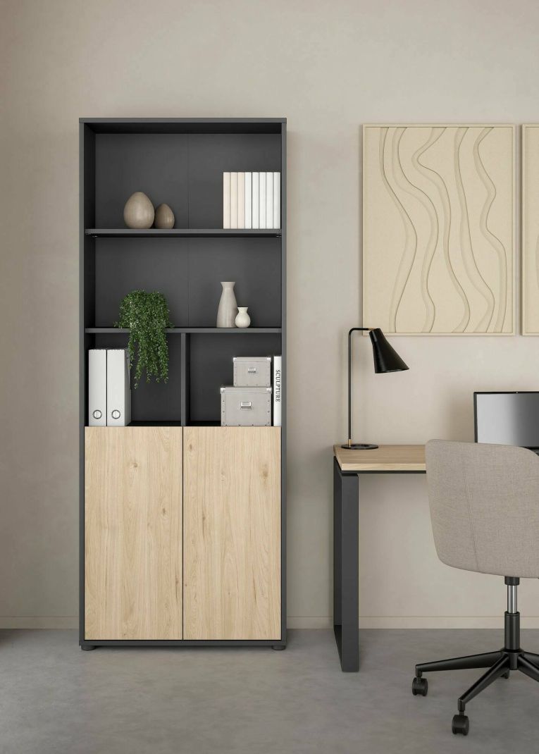 Libreria Rosalie, Scaffale da ufficio, Mobile portalibri, Biblioteca, 34x80 h205 cm, Rovere e Grigio