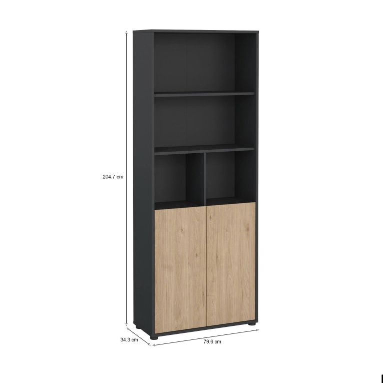 Libreria Rosalie, Scaffale da ufficio, Mobile portalibri, Biblioteca, 34x80 h205 cm, Rovere e Grigio