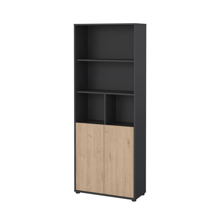 Libreria Rosalie, Scaffale da ufficio, Mobile portalibri, Biblioteca, 34x80 h205 cm, Rovere e Grigio