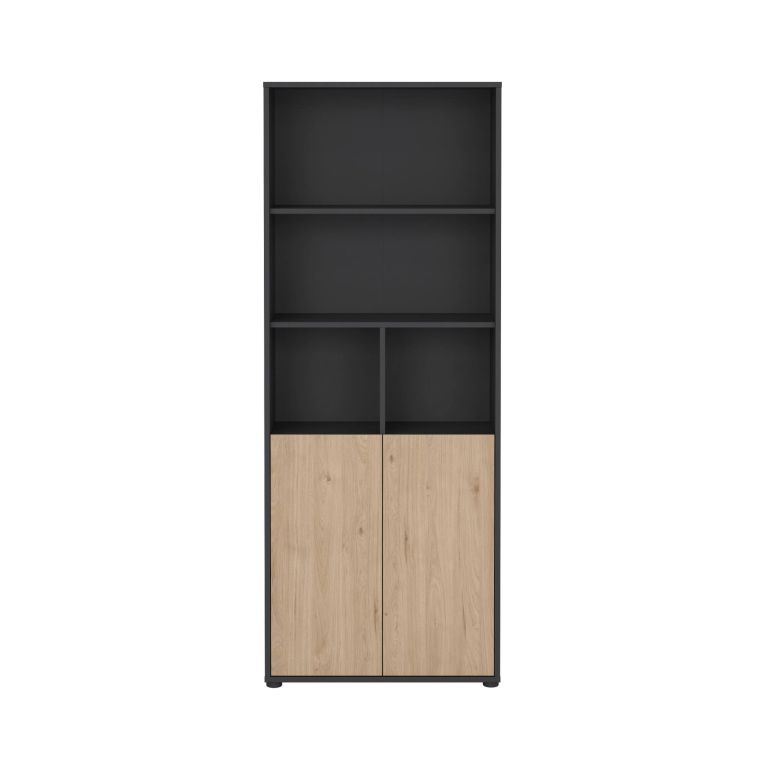 Libreria Rosalie, Scaffale da ufficio, Mobile portalibri, Biblioteca, 34x80 h205 cm, Rovere e Grigio