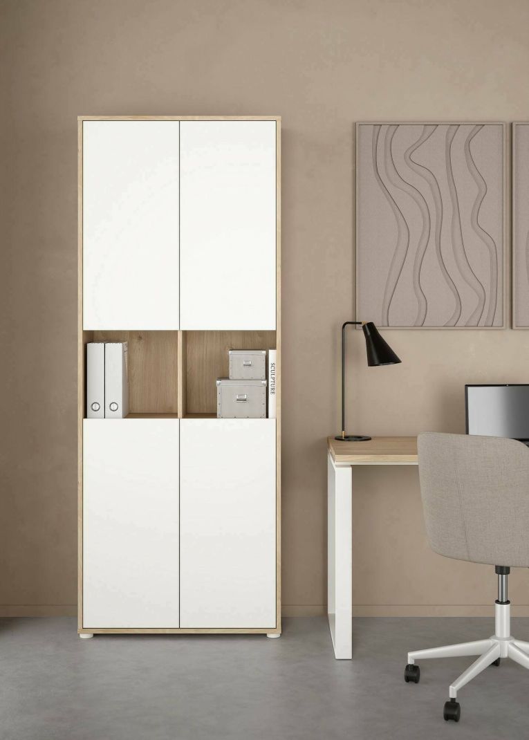 Libreria Roseline, Scaffale da ufficio, Mobile portalibri, Biblioteca, 34x80 h205 cm, Rovere e Bianco