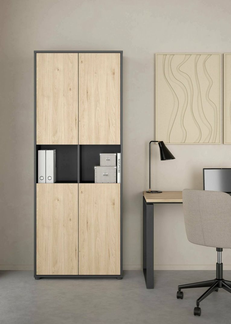 Libreria Roseline, Scaffale da ufficio, Mobile portalibri, Biblioteca, 34x80 h205 cm, Rovere e Grigio