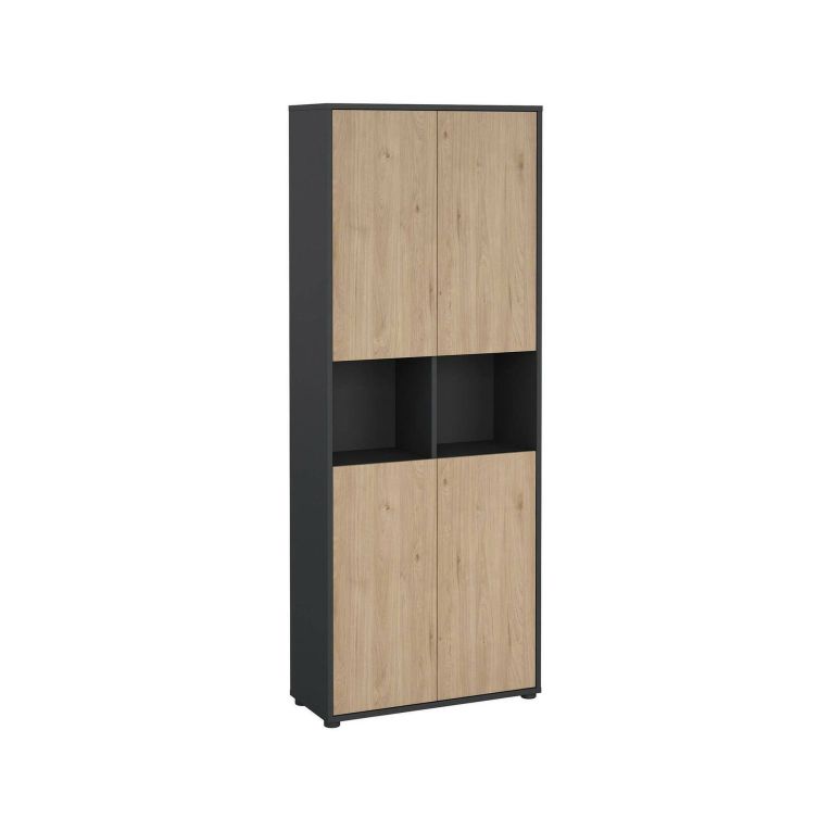 Libreria Roseline, Scaffale da ufficio, Mobile portalibri, Biblioteca, 34x80 h205 cm, Rovere e Grigio