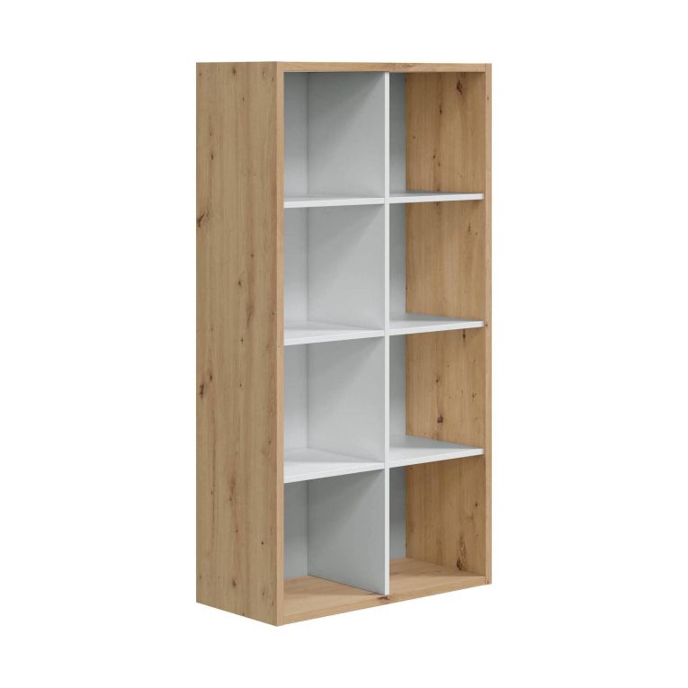 Libreria Sacramento, Mobile portalibri reversibile con 8 scomparti, Mobile Porta tv multiposizione, 72x33h137 cm, Rovere effetto nodi e Bianco