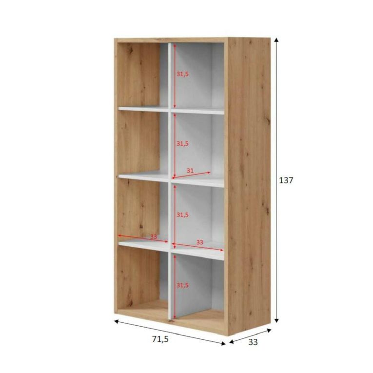 Libreria Sacramento, Mobile portalibri reversibile con 8 scomparti, Mobile Porta tv multiposizione, 72x33h137 cm, Rovere effetto nodi e Bianco