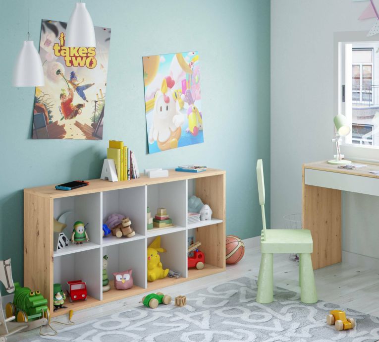 Libreria Sacramento, Mobile portalibri reversibile con 8 scomparti, Mobile Porta tv multiposizione, 72x33h137 cm, Rovere effetto nodi e Bianco