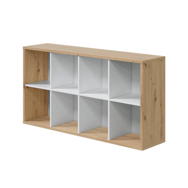 Libreria Sacramento, Mobile portalibri reversibile con 8 scomparti, Mobile Porta tv multiposizione, 72x33h137 cm, Rovere effetto nodi e Bianco