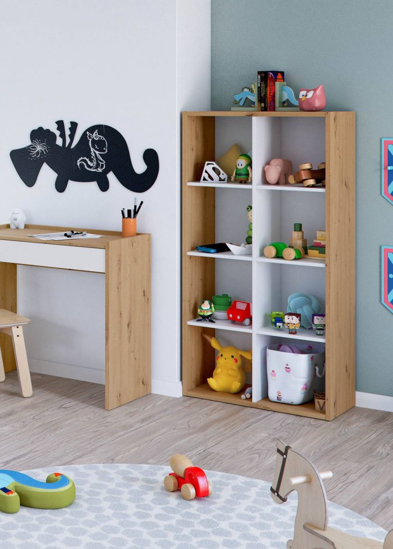 Libreria Sacramento, Mobile portalibri reversibile con 8 scomparti, Mobile Porta tv multiposizione, 72x33h137 cm, Rovere effetto nodi e Bianco