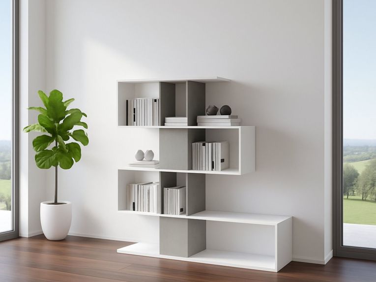 Libreria salvaspazio bianca e cemento 145x145h cm - Aracnidi