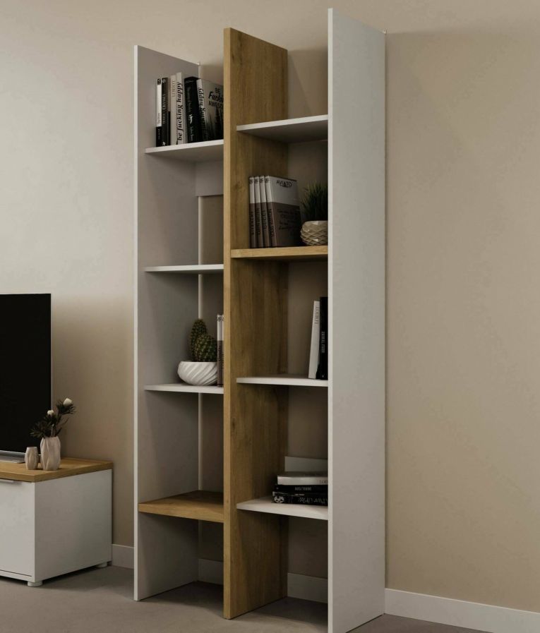 Libreria Saone, Scaffale da ufficio, Mobile portalibri, Biblioteca, 76x33 h183 cm, Rovere e Bianco