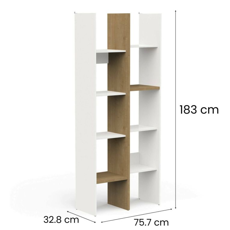 Libreria Saone, Scaffale da ufficio, Mobile portalibri, Biblioteca, 76x33 h183 cm, Rovere e Bianco