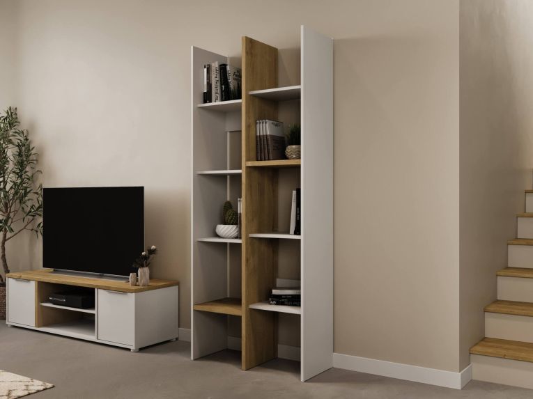 Libreria Saone, Scaffale da ufficio, Mobile portalibri, Biblioteca, 76x33 h183 cm, Rovere e Bianco