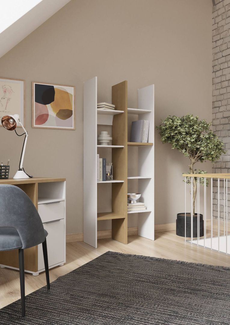 Libreria Saone, Scaffale da ufficio, Mobile portalibri, Biblioteca, 76x33 h183 cm, Rovere e Bianco
