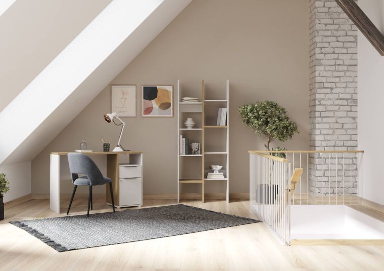 Libreria Saone, Scaffale da ufficio, Mobile portalibri, Biblioteca, 76x33 h183 cm, Rovere e Bianco