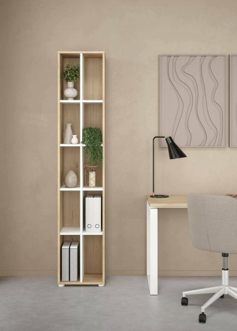 Libreria Sophie, Scaffale da ufficio, Mobile portalibri, Biblioteca, 34x41 h205 cm, Rovere e Bianco
