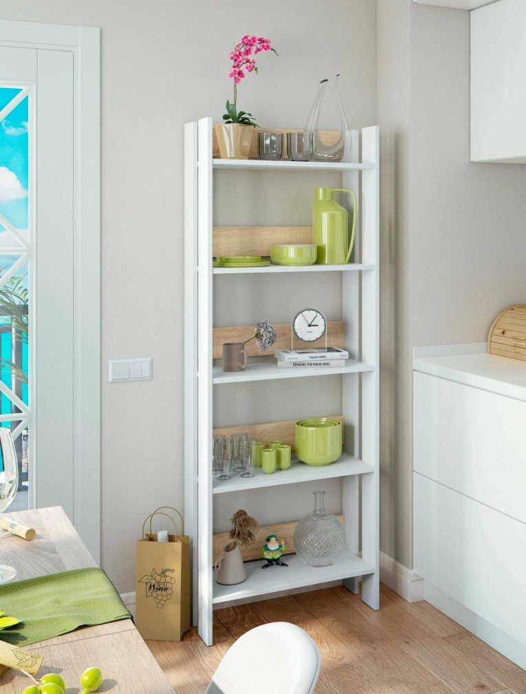 Libreria Warwick, Scaffale da ufficio a 5 ripiani, Mobile portalibri, Biblioteca, 57x27h170 cm, Bianco lucido e Rovere