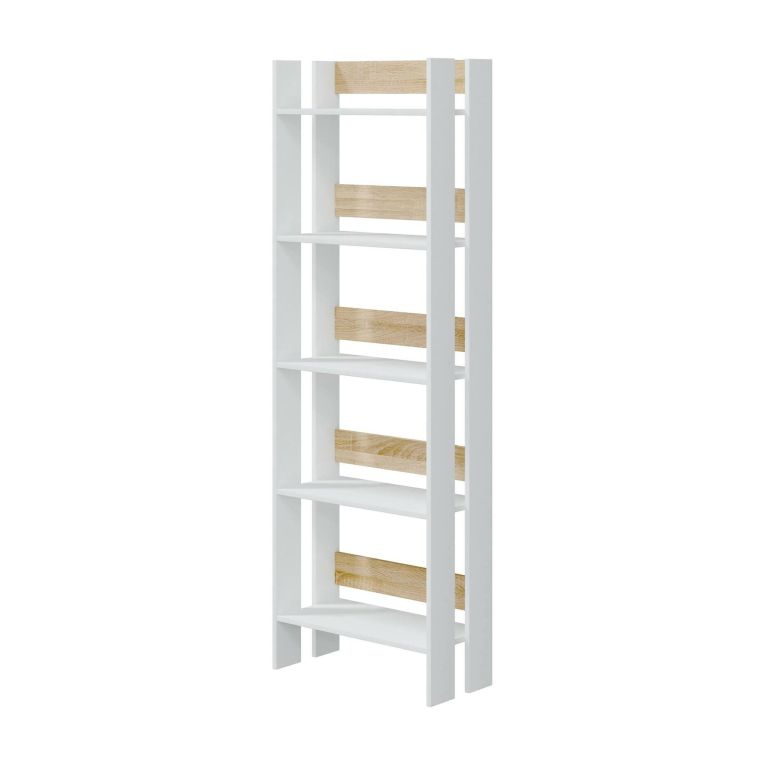 Libreria Warwick, Scaffale da ufficio a 5 ripiani, Mobile portalibri, Biblioteca, 57x27h170 cm, Bianco lucido e Rovere