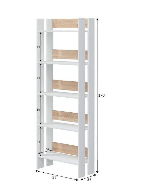 Libreria Warwick, Scaffale da ufficio a 5 ripiani, Mobile portalibri, Biblioteca, 57x27h170 cm, Bianco lucido e Rovere