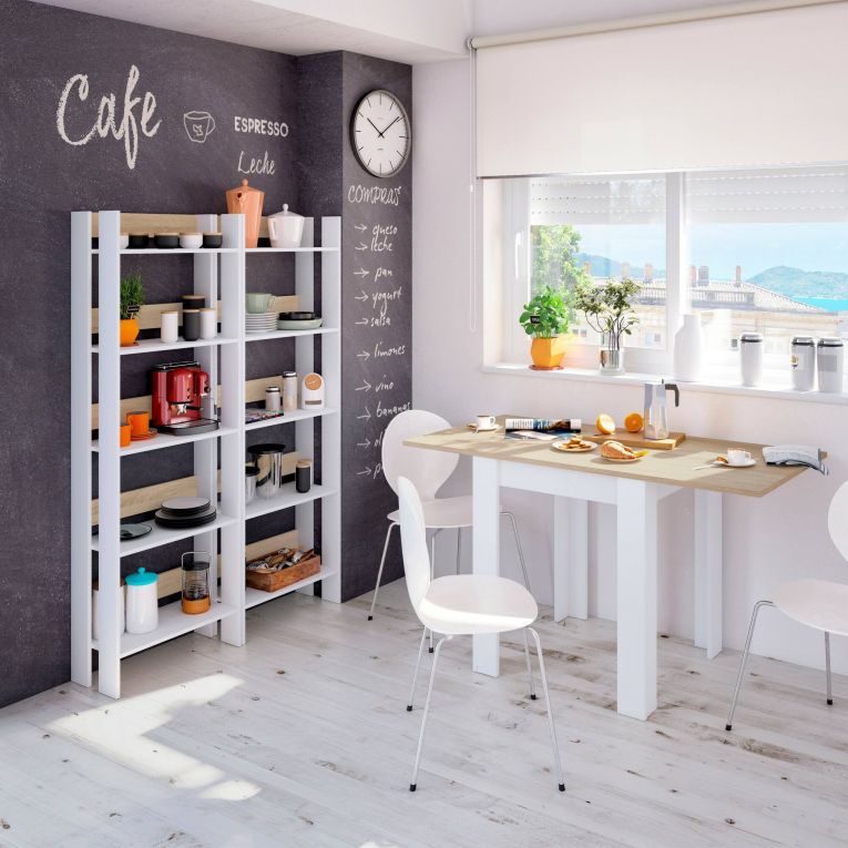 Libreria Warwick, Scaffale da ufficio a 5 ripiani, Mobile portalibri, Biblioteca, 57x27h170 cm, Bianco lucido e Rovere
