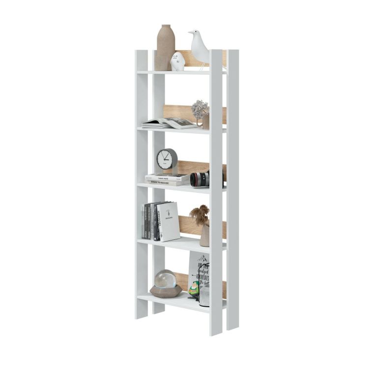 Libreria Warwick, Scaffale da ufficio a 5 ripiani, Mobile portalibri, Biblioteca, 57x27h170 cm, Bianco lucido e Rovere