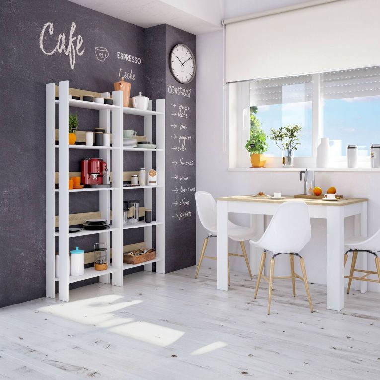 Libreria Warwick, Scaffale da ufficio a 5 ripiani, Mobile portalibri, Biblioteca, 57x27h170 cm, Bianco lucido e Rovere