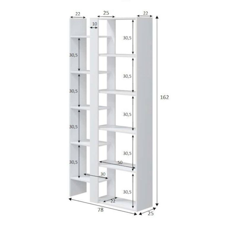Libreria Waukegan, Scaffale da ufficio a 11 ripiani, Mobile portalibri, Biblioteca, 78x25h162 cm, Bianco lucido