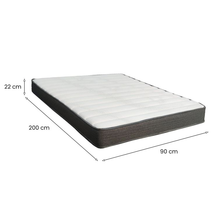 Materasso Singolo Bianco Grigio Grado Rigidità Medio 200x90x22h cm, Misura Rete Compatibile 90x200 cm - Venosa