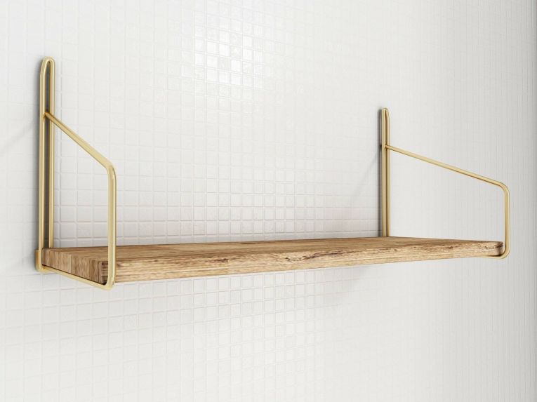 Mensola Avienda, Scaffale, Ripiano a muro, Scaffalatura multiuso, 45x16 h16 cm, Oro e Marrone