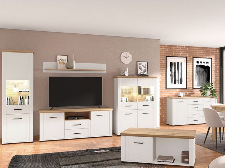 Mensola Bianco Marrone Rovere un Ripiano Dettaglio Geometrico 146x19.5x24h cm, Portata Ripiani 5 - Suelli