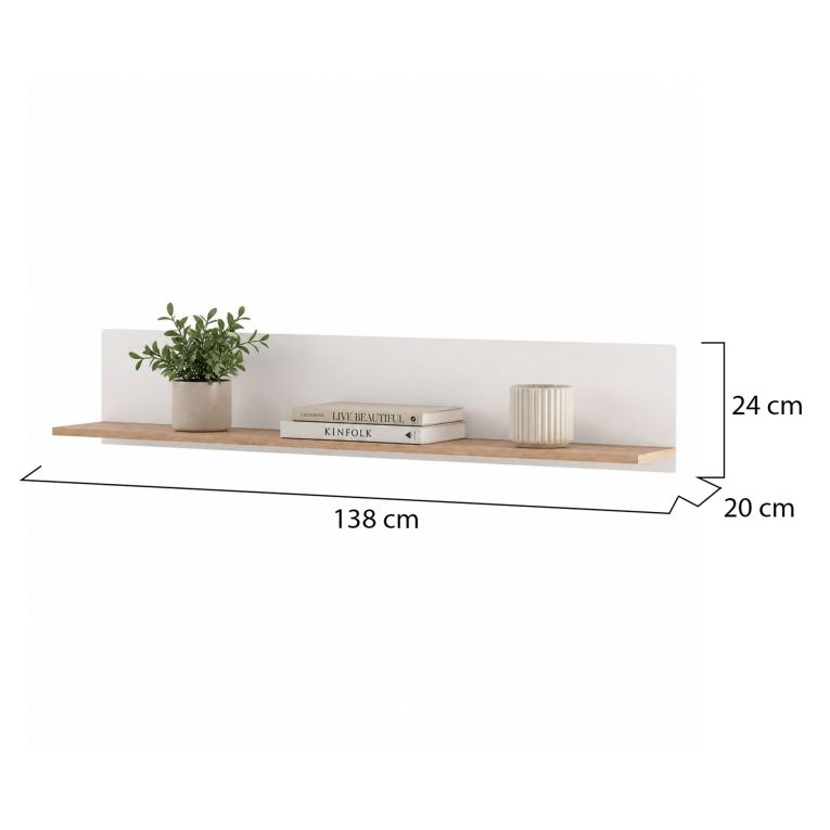 Mensola Bianco Opaco Marrone Rovere un Ripiano Sfumatura Colore Struttura Opaco 138x20x24h cm, Sfumatura Colore Struttura Rovere - Norbio