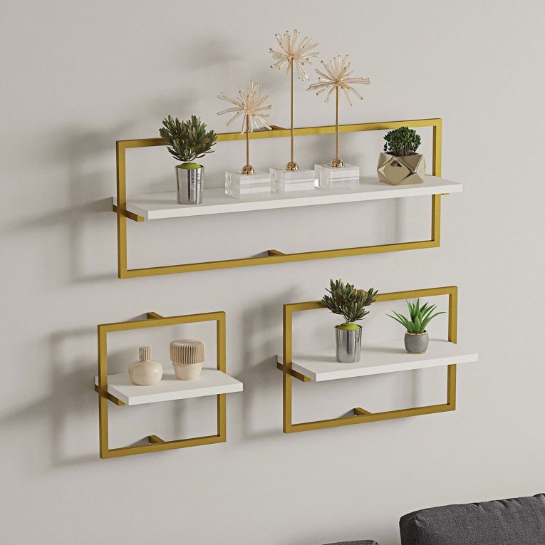 Mensola Bianco oro 3 Ripiani set da 3 80x20x30h cm, Colore Struttura oro - Gerano