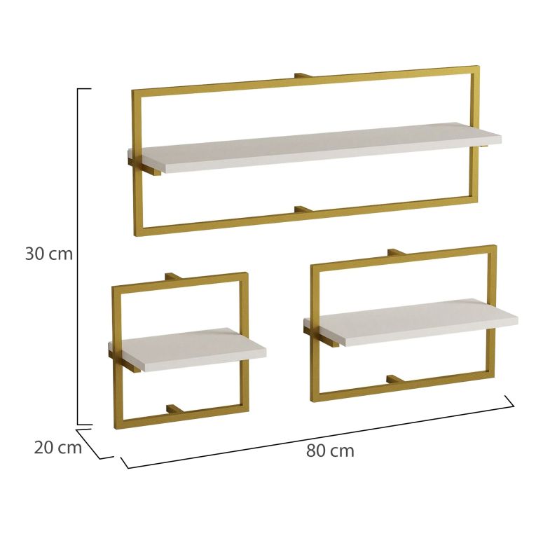 Mensola Bianco oro 3 Ripiani set da 3 80x20x30h cm, Colore Struttura oro - Gerano