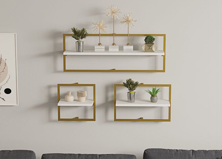 Mensola Bianco oro 3 Ripiani set da 3 80x20x30h cm, Colore Struttura oro - Gerano