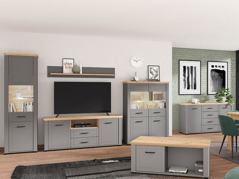 Mensola Grigio Marrone Rovere un Ripiano Dettaglio Geometrico 146x19.5x24h cm, Portata Ripiani 5 - Suelli