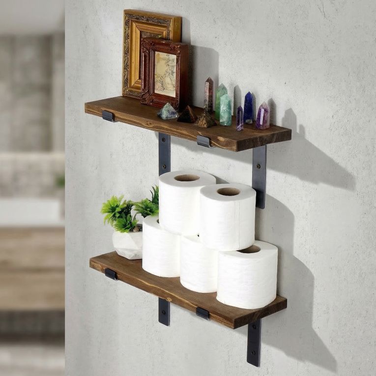 Mensola Marrone Naturale Nero 2 Ripiani in Legno di Abete, Fatto a Mano 40x14x16h cm, Colore Struttura Nero - Trontano