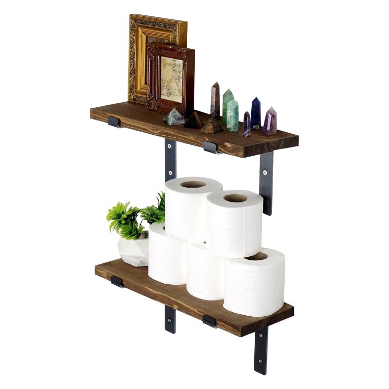 Mensola Marrone Naturale Nero 2 Ripiani in Legno di Abete, Fatto a Mano 40x14x16h cm, Colore Struttura Nero - Trontano