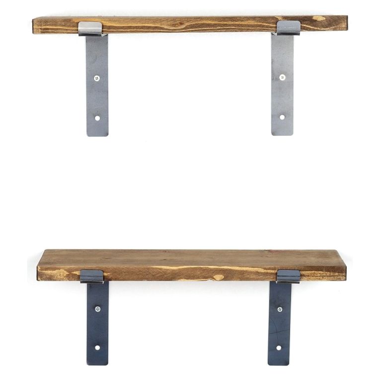 Mensola Marrone Naturale Nero 2 Ripiani in Legno di Abete, Fatto a Mano 40x14x16h cm, Colore Struttura Nero - Trontano