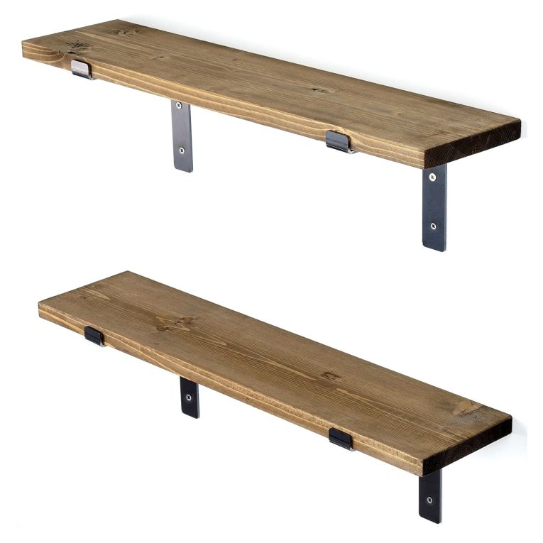 Mensola Marrone Naturale Nero 2 Ripiani in Legno di Abete, Fatto a Mano 60x14x16h cm, Colore Struttura Nero - Canzano
