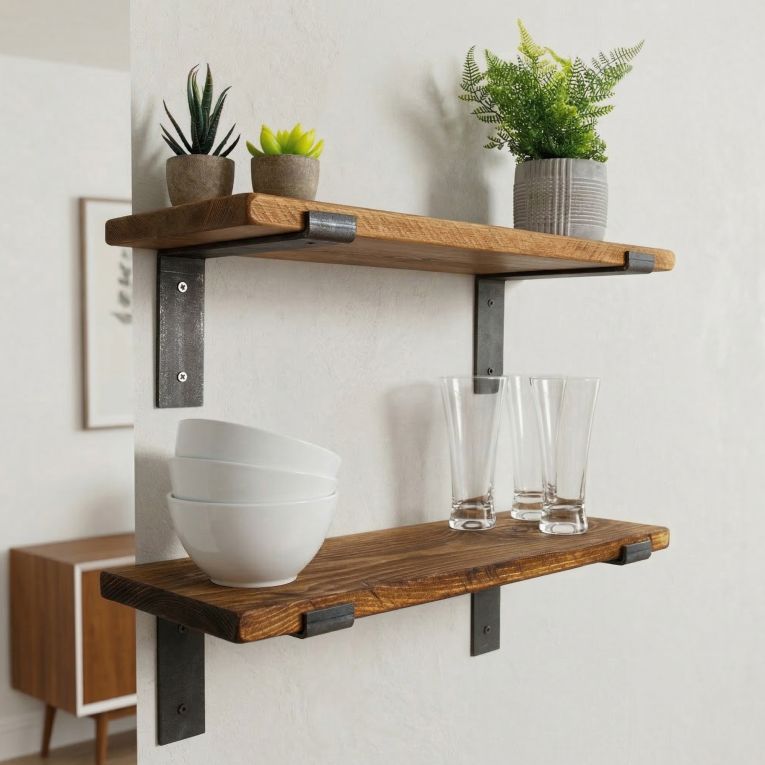 Mensola Marrone Naturale Nero 2 Ripiani in Legno di Abete, Fatto a Mano, set da 2 40x14x16h cm, Colore Struttura Nero - Rende