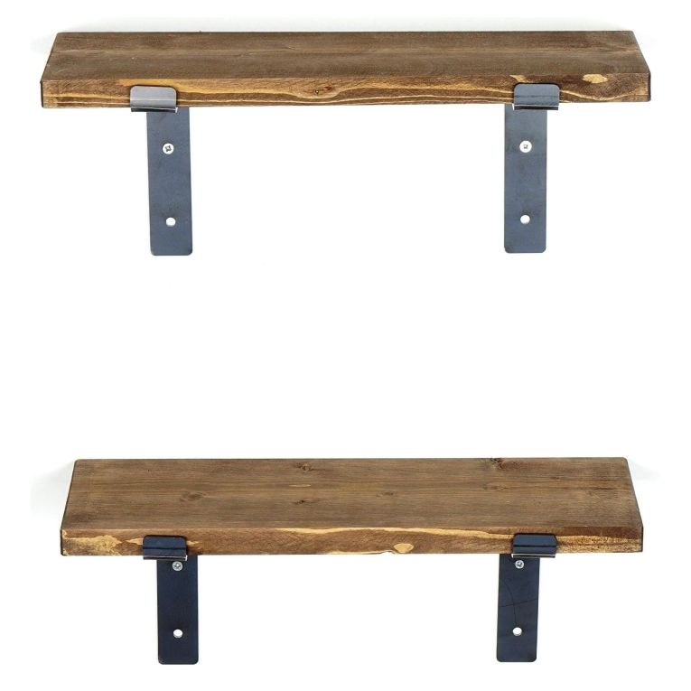Mensola Marrone Naturale Nero 2 Ripiani in Legno di Abete, Fatto a Mano, set da 2 40x14x16h cm, Colore Struttura Nero - Rende