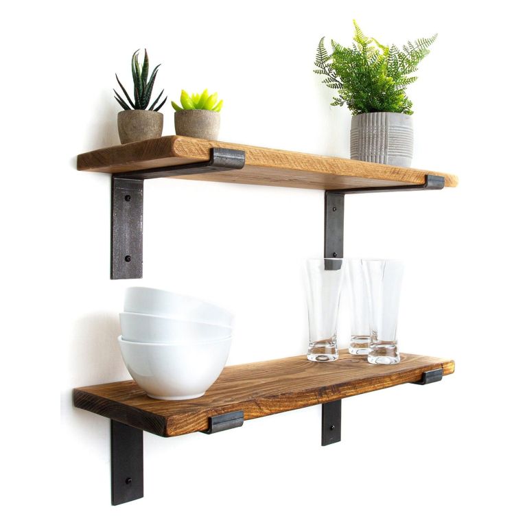 Mensola Marrone Naturale Nero 2 Ripiani in Legno di Abete, Fatto a Mano, set da 2 40x14x16h cm, Colore Struttura Nero - Rende