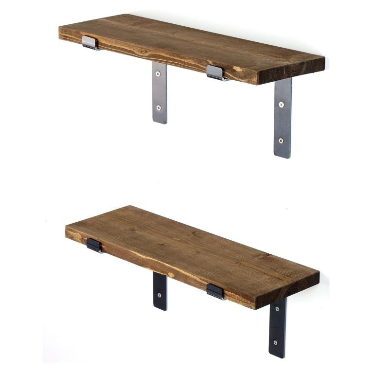 Mensola Marrone Naturale Nero 2 Ripiani in Legno di Abete, Fatto a Mano, set da 2 40x14x16h cm, Colore Struttura Nero - Rende