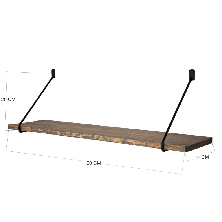 Mensola Marrone Naturale Nero un Ripiano in Legno di Abete 60x14x20h cm, Colore Struttura Nero - Dovadola