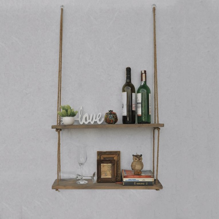 Mensola Marrone Noce 2 Ripiani Fatto a Mano, in Legno di Abete 60x14x60h cm, Sfumatura Colore Struttura Noce - Origgio