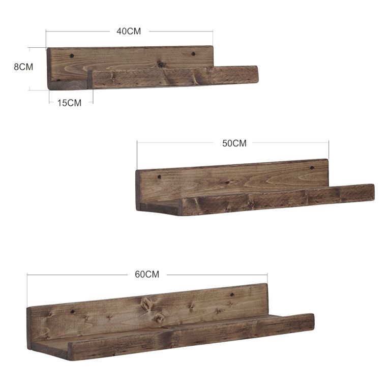 Mensola Marrone Noce 3 Ripiani Fatto a Mano, set da 3 Mensole 60x15x8h cm, Sfumatura Colore Struttura Noce - Piazzolo