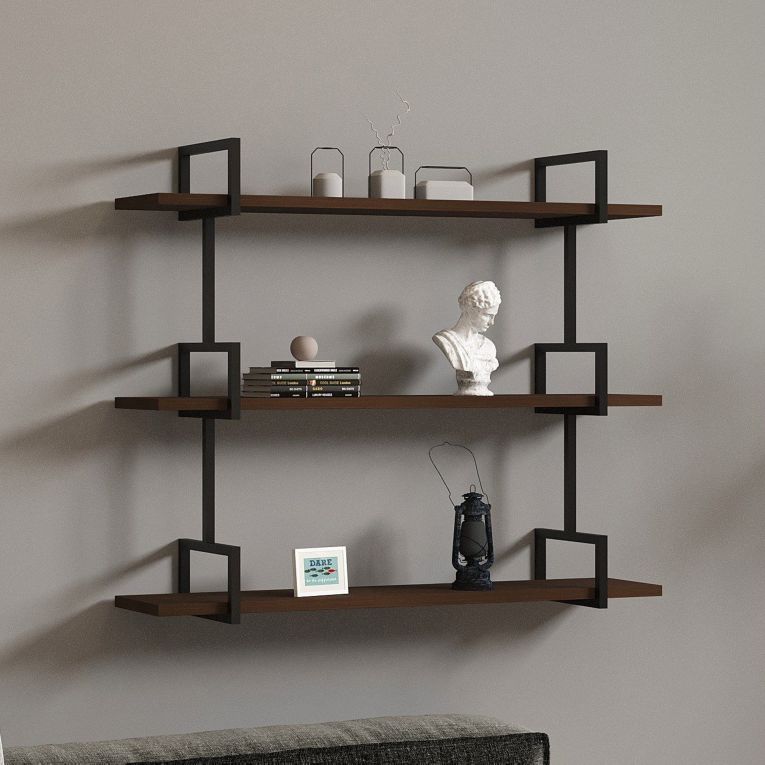 Mensola Marrone Noce Nero 3 Ripiani Colore Struttura Nero 87x23x76h cm, Materiale Struttura in Metallo - Vibrata