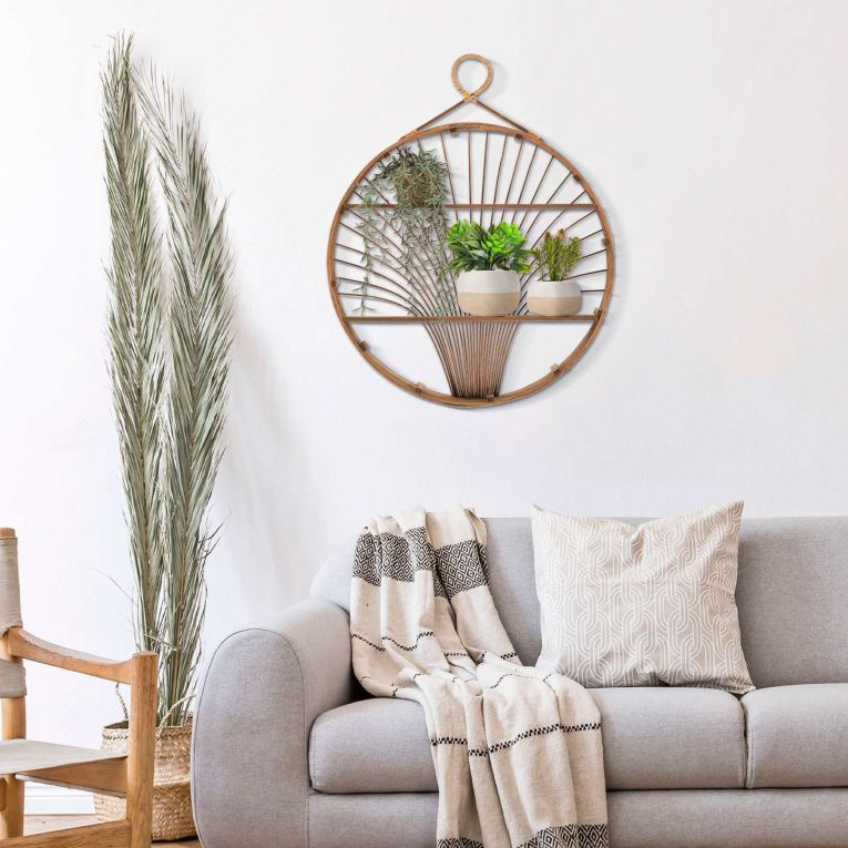 Mensola Marrone Rovere 2 Ripiani Finiture in Rattan 61x11x76h cm, Sfumatura Colore Struttura Rovere - Dalitasa